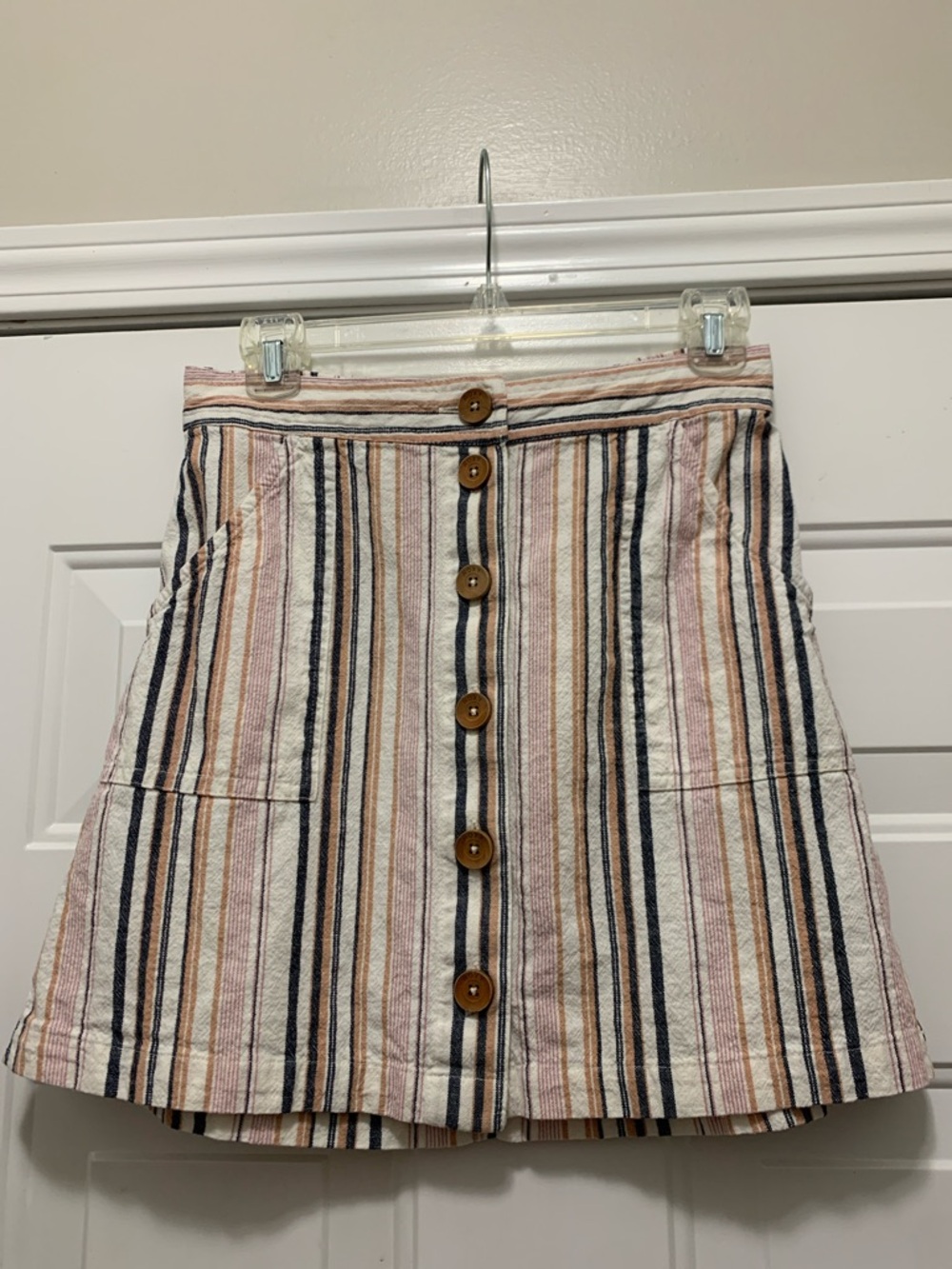 Roxy Linen & Cotton Striped Button-Front Mini Skirt in Pink, & Cream Sz Medium